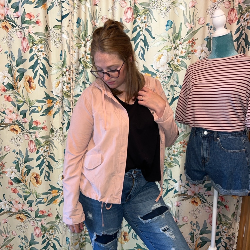 Snap Button Zip Up Light Weight Hooded Jacket